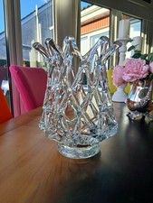 Stunning Large Vintage Lattice Web Art Clear Glass Vase Hand Blown Pulled Glass