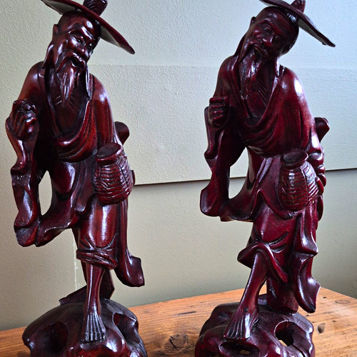 Pair hand carved wooden asian - carved,