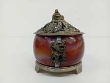 Oriental Dragon Incense Burner Ornate Metal Lid Red Agate Finish Collecta - A175