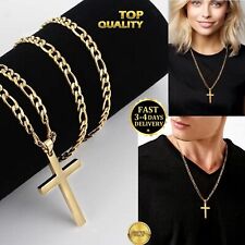 Mens Yellow Gold Filled Cross Pendant And 24" Curb Link Thick 6MM Chain Necklace