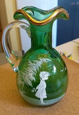 Victorian Mary Gregory Hand Painted Green Glass Jug, Vintage Emerald Glass Vase