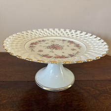 Vintage M&S Floral Shabby Chic Pedestal Cake Plate Stand Tazza Roses  White Gilt