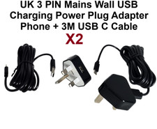 2 x UK 3 PIN Mains Wall USB Charging Power Plug Adapter Phone + 3M USB C Cable