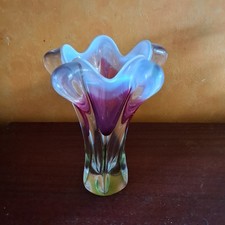 Vintage Czech Glass Josef Hospodka Chribska Cranberry Green White Rim Vase 