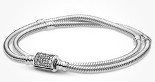 Stunning Pandora Double Clasp Wrap Snake Bracelet With Pave Fastener 20 Cm