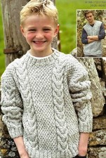 #267 MENS BOYS ARAN SWEATER & SLIPOVER 24-46" 61-117cm VINTAGE KNITTING PATTERN