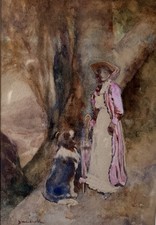 David Woodlock (1842-1929) Watercolour Painting 'The Trysting Place' Lady & Dog.
