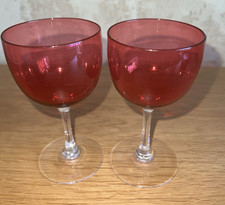 2 x Vintage Small Cranberry Wine Glasses With Clear Stem & Base