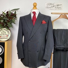 Turnbull & Asser 40R Double Breasted Peak Stripe Charcoal Suit Bespoke England