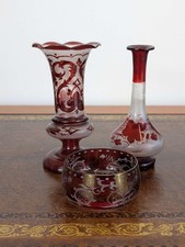 Bohemian ruby glass collection x3, late 19th century, vases and bowl, Antique 