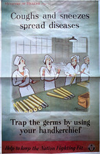 MOH Coughs and Sneezes Spread Diseases WW2 Newsprint Facsimile Poster 57x37cm