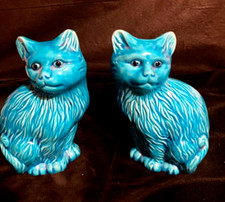 Vintage MCM Retro Pair Turquoise Chinese Blue Glaze Ceramic Cats h 6 " approx