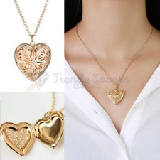 Vintage Photo Locket Love Heart Shaped Pendant 18ct Gold Plated Necklace Jewelry