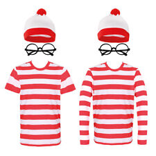RED & WHITE STRIPED TOP ADULTS COSTUME BOOK DAY T-SHIRT HAT GLASSES FIND ME