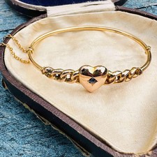 Art Nouveau 9k Gold Sapphire Heart Bangle – Antique Romance & Timeless Eleganc