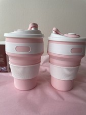 2 x PINK 350ML Collapsible Portable Silicone Coffee Mugs FREE POST FROM UK
