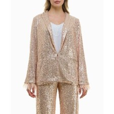 Nicole Miller Charlotte Allover Sequin Feather Trimmed Jacket Size Small Gold