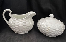 Irish Belleek Basketweave Pattern Bone China Milk Jug and Sugar Blue Mark