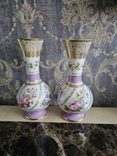 Pair Of Antique Continental Late 19th C Flared Bulbous Vases Porcelain Floral