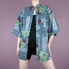 VINTAGE Mens Oversize 90s Paisley Blue Floral Grunge Bandana Pattern Shirt Top L