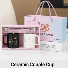 King & Queen Mug Gift Set | Couple Ceramic Mugs with Spoons & Gift Bag