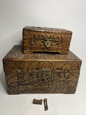 20th Century Chinese Camphor Carved Wood Chest, Trunk with Brass Hasp + Smaller