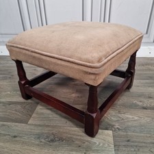 Vintage Retro Turned Wooden Brown Square Foot Stool Rest Pouffe - Velvet Fabric