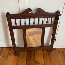 Antique Victorian Oak Wall Mirror Coat Rack Hooks Spindle Hall Tree Frame c1890s