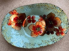 red green crackle glaze glass oval centrepiece bowl red flowers 15” X 10” Fruit