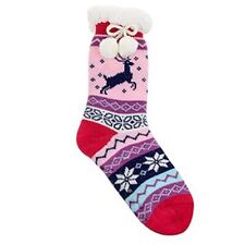 REINDEER Sherpa Lined SNOOZIES! Socks Nonskid Fits Shoe 3-7 pink purple aqua red