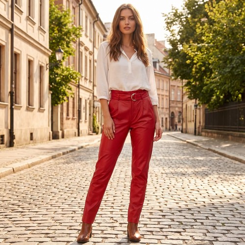 Womens real leather pants - real, red