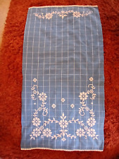 Vintage 1940s Blue Linen Curtain with White Cotton Embroidery 23" x 44" VGC 