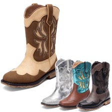 Boys Girls Western Boots Square Toe Mid Calf Riding Boots Cowgirl Cowboy Boots