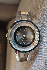 LADIES FASHION WRISTWATCH BLACK/SILVERTONE DIAMANTE QUARTZ IN V.G.C.