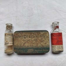 Boots drug co. empty tin & bottles - Iodine, sal volatile, pastilles