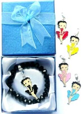 Black Crystal Charm Carrier Bracelet with 5 Betty Boop Clip-on Charms 