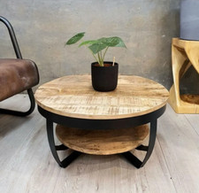 Rustic Coffee Table Vintage Industrial Solid Wooden Round Large Storage Shelf