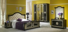 Greek Key Versace Italian High Gloss Black & Gold Bed Set  With 4 Door Wardrobe