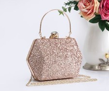 Women's Glitter Hexagon Hardcase Diamante Closure Evening Clutch Hand Bag Party