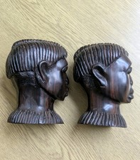 Hand carved African ebony wooden heads pair 5" early/mid 20th century heavy 