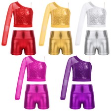 Girls 2 Pieces Sequins Jazz Dance Outfit Modern Hip Hop Street Dancing Costume