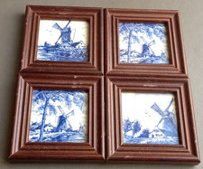 Delft Blue Ceramic Windmill Tile Hand Painted Holland x 4 Framed