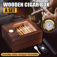Cigar Humidor Cedar Wood Humidor Cigar Box Glass Top Desktop Hygromete w/ Front