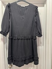 TU WOMAN BLACK DENIM DRESS, FRILL TRIM, 3/4 SLEEVES  SIZE 12  BNWOT
