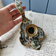 Antique French Champleve Enamel & Brass Chamberstick Candlestick 19th Century
