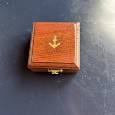 Small Wooden Trinket Box with Hinged Lid Inlaid With Brass Anchor 7cm X 7cm