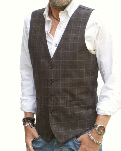 Mens waistcoat brown check - -,