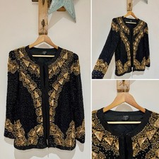 Crystals Vintage Pure Silk Black Gold Embellished Beaded Evening Dress Jacket L