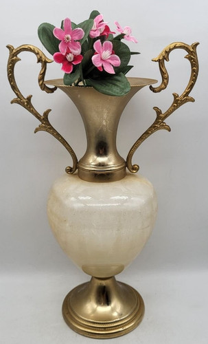 Vintage alabaster brass vase - alabaster,