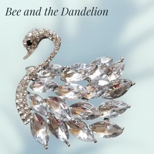 Silver Tone White Crystal Swan